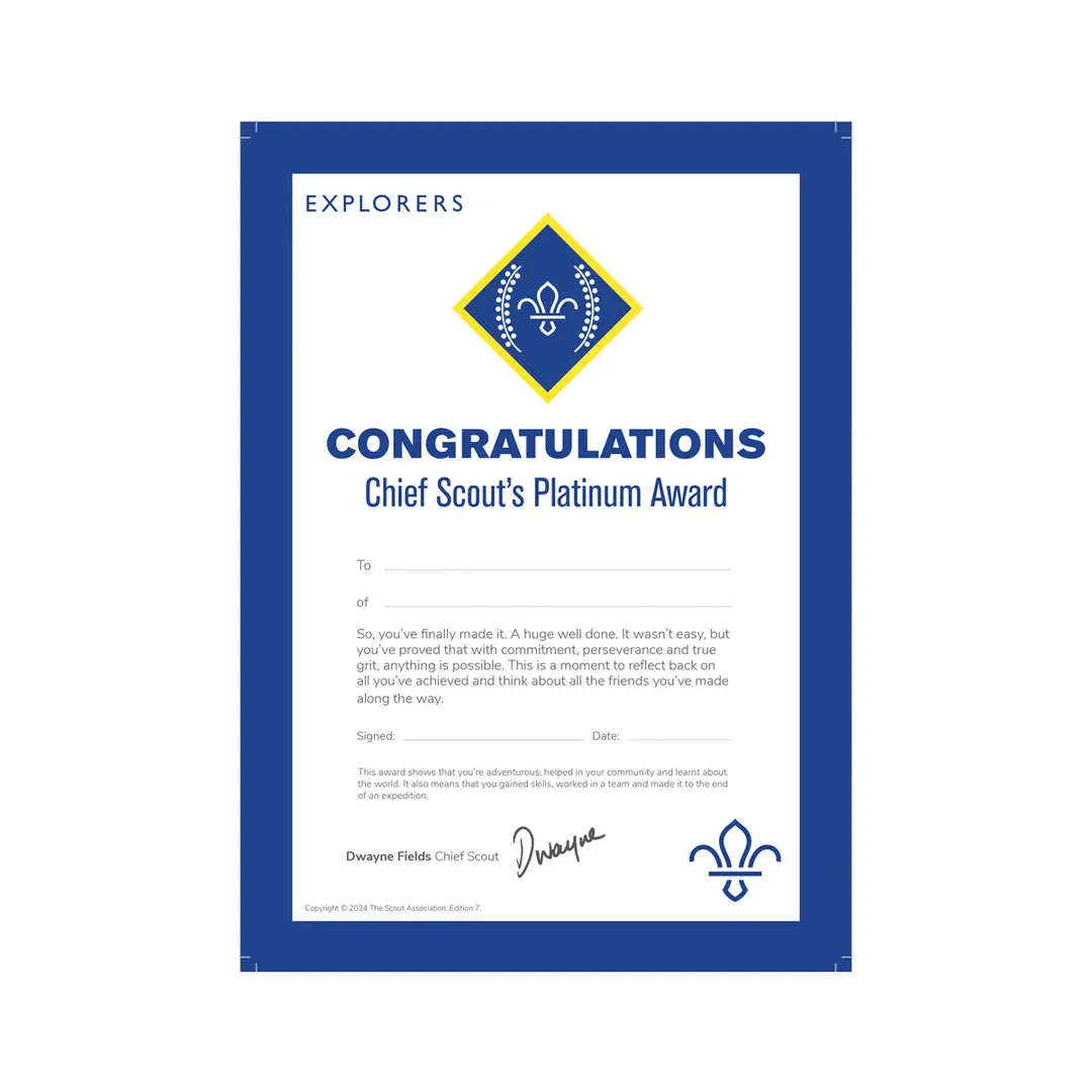 Chief Scout's Platinum Award Certificate - Pack of 10